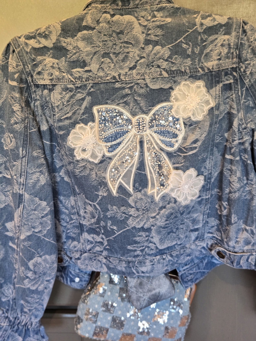 Embroidered Bow Denim Jacket in Blue with White Floral Accents